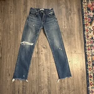 MOUSSY VINTAGE Women's Blue Distressed Raw Hem Straight Leg Jeans Size 24